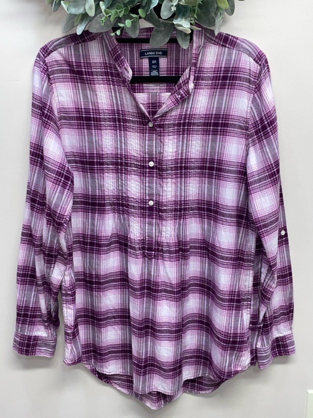 NWOT Lands’ End Plaid Flannel Long Sleeve Roll Tab Pleated Yoke Tunic Top 12T